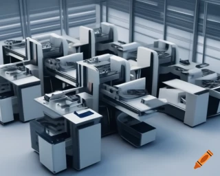 Futuristic workspace with printing machines